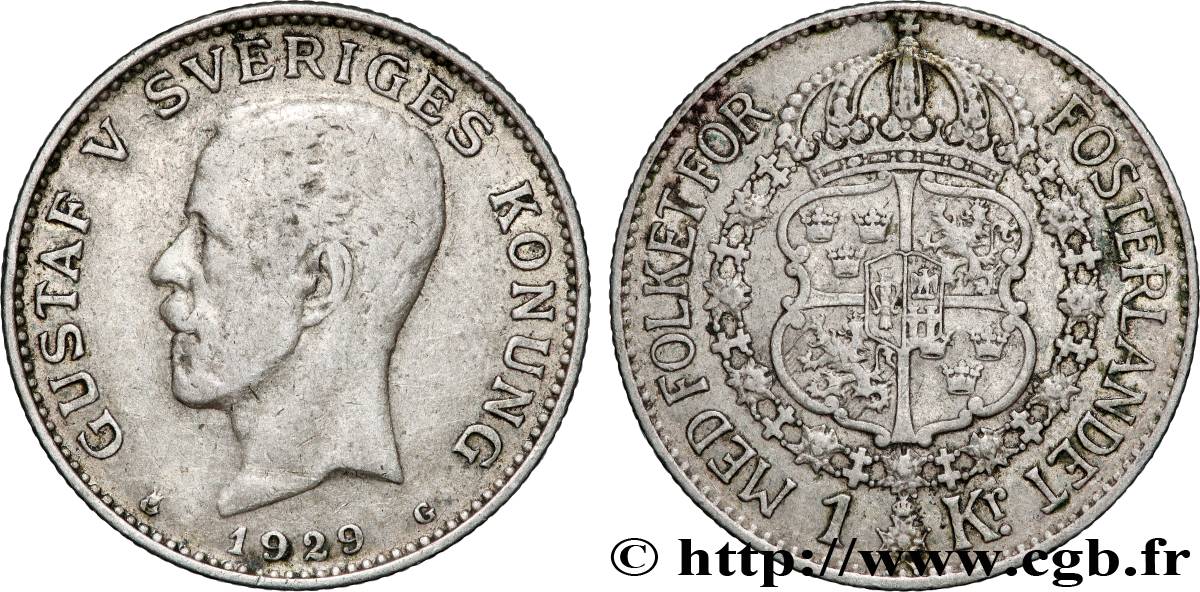 SUÈDE 1 Krona Gustave V 1929 Kungsholmen TB 