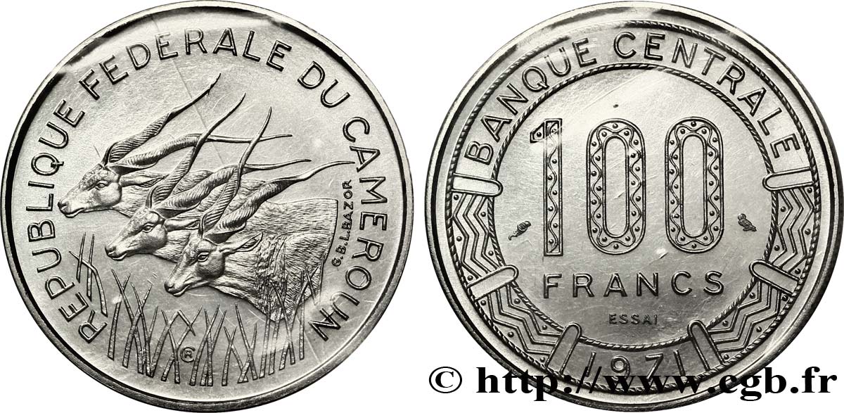 CAMERúN Essai de 100 Francs République Fédérale du Cameroun, antilopes 1971 Paris FDC 