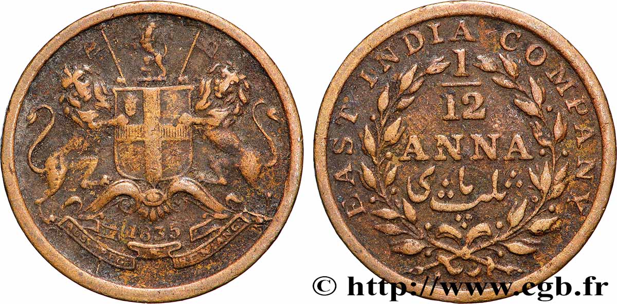 INDES BRITANNIQUES 1/12 Anna East India Company 1835 Madras TTB 
