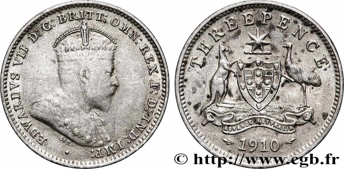 AUSTRALIE 3 Pence Édouard VII 1910 Londres TTB 