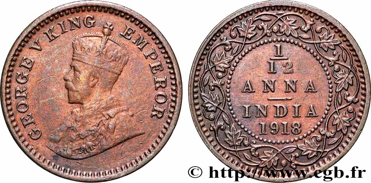 INDES BRITANNIQUES 1/12 Anna (1 Pie) Georges V 1918 Calcutta TTB 