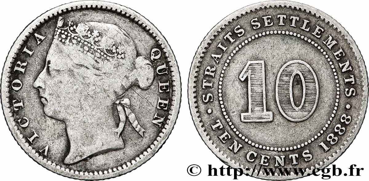 MALAYSIA - STRAITS SETTLEMENTS 10 Cents Victoria 1888  VF 