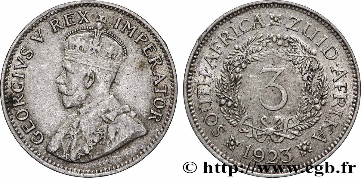 AFRIQUE DU SUD 3 Pence Georges V / couronne de feuillage  1923 Pretoria TTB 
