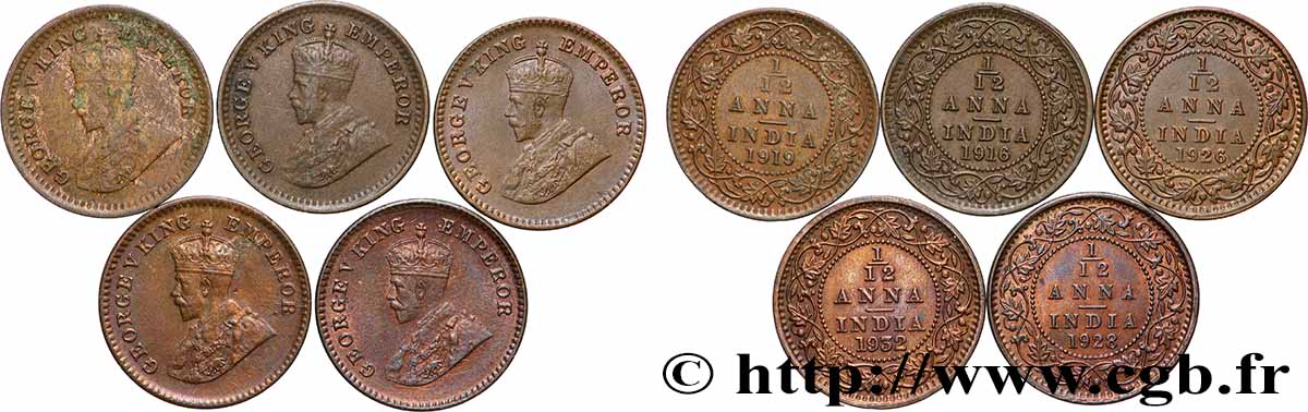 INDES BRITANNIQUES Lot 5 x 1/12 Anna (1 Pie) Georges V Années diverses Calcutta TTB 