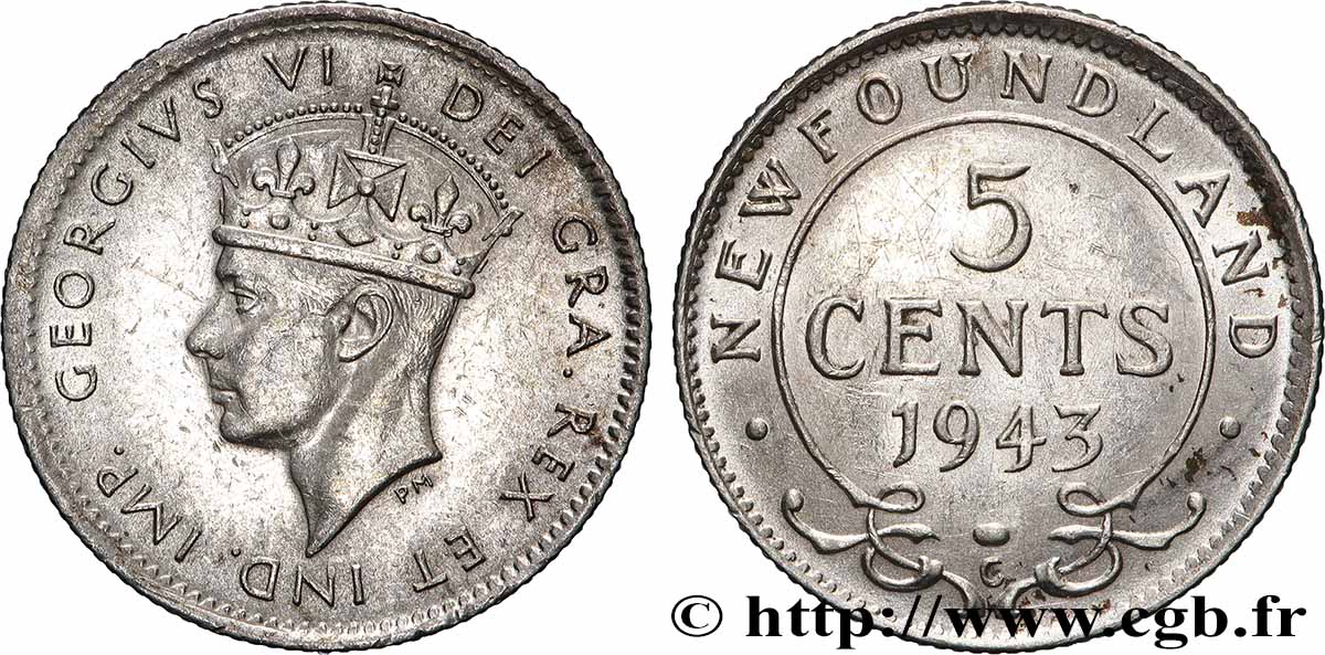 TERRE-NEUVE 5 Cents Georges VI 1943 Ottawa TTB+ 