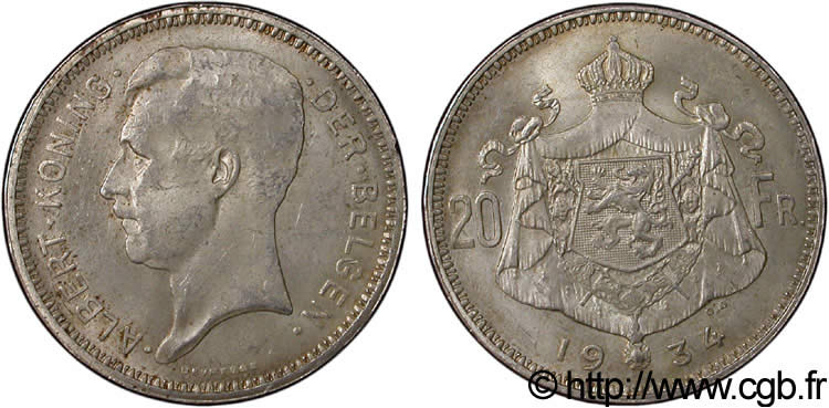BÉLGICA 20 Francs Albert Ier légende Flamande position A 1934  EBC 