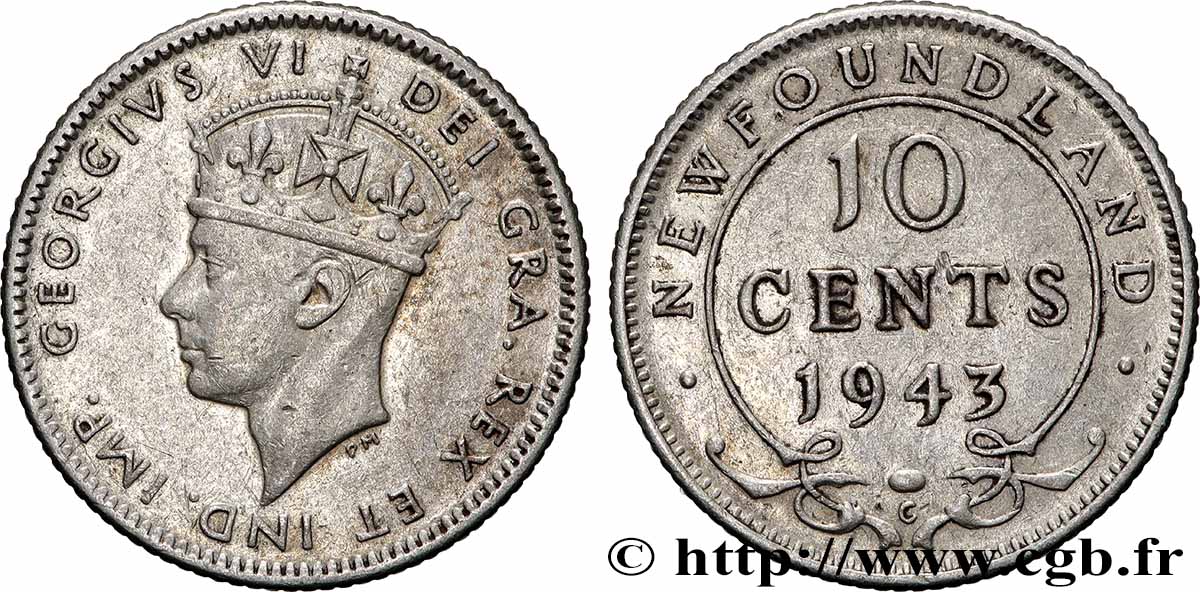 NEWFOUNDLAND 10 Cents Georges VI 1943 Ottawa AU 