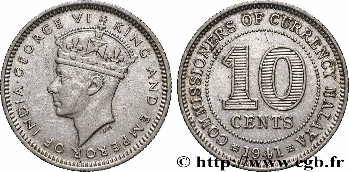 MALAISIE 10 Cents Georges VI 1941  TTB 