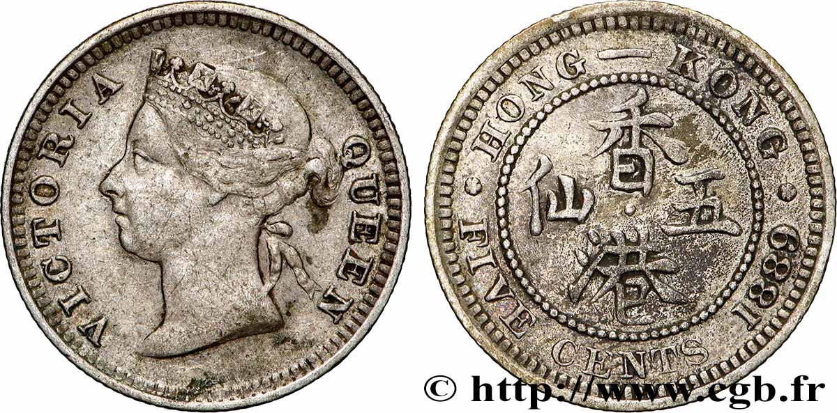 HONG KONG 5 Cents Victoria 1889  TTB 