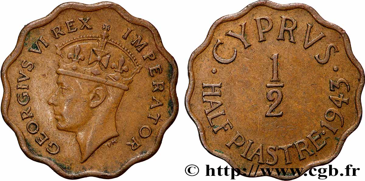 CHYPRE 1/2 Piastre roi Georges VI  1945  TTB+ 