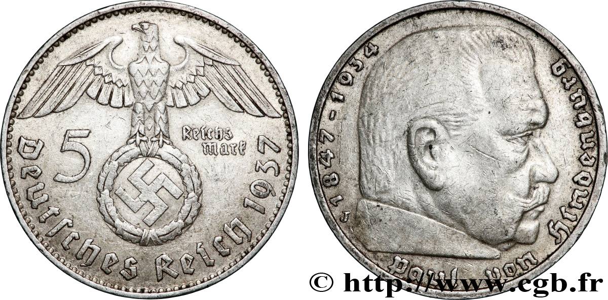 GERMANY 5 Reichsmark Maréchal Paul von Hindenburg 1937 Hambourg AU 