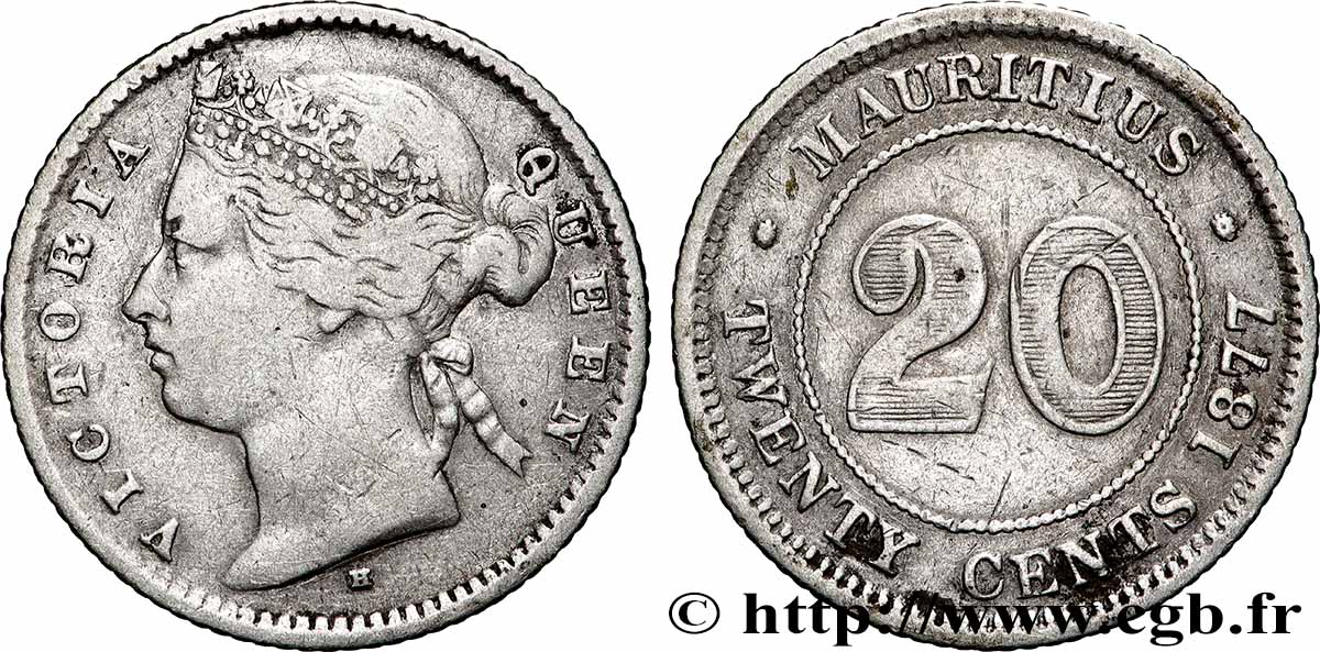 ÎLE MAURICE 20 Cents Victoria 1877 Heaton TB+ 