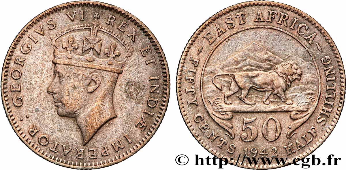 AFRIQUE DE L&nbsp;EST 50 Cents (1/2 Shilling) Georges VI 1942 Heaton TTB 