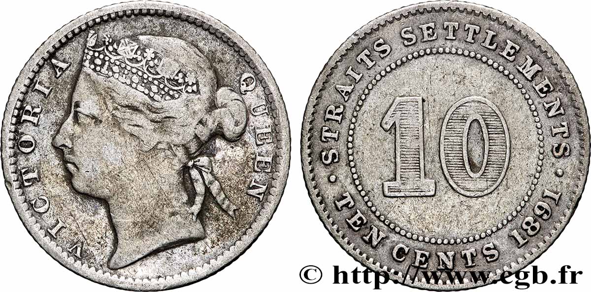 ÉTABLISSEMENTS DES DÉTROITS 10 Cents Victoria 1891  TB+ 