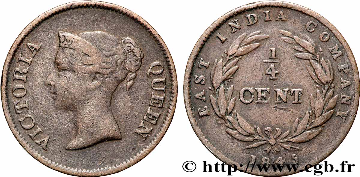 MALAISIE - ÉTABLISSEMENTS DES DÉTROITS 1/4 Cent Victoria 1845  TB+ 
