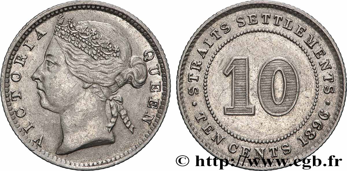 ÉTABLISSEMENTS DES DÉTROITS 10 Cents Victoria 1896  TTB+ 