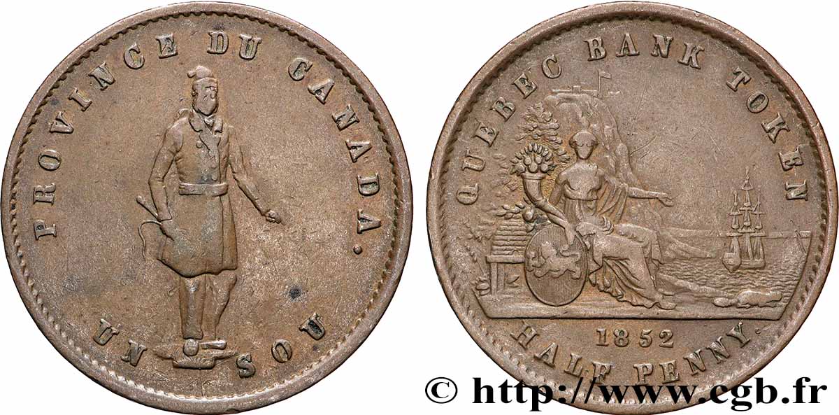 CANADA 1 Sous (1/2 Penny) Province du Bas Canada Québec Bank 1852 Boulton & Watt TTB 