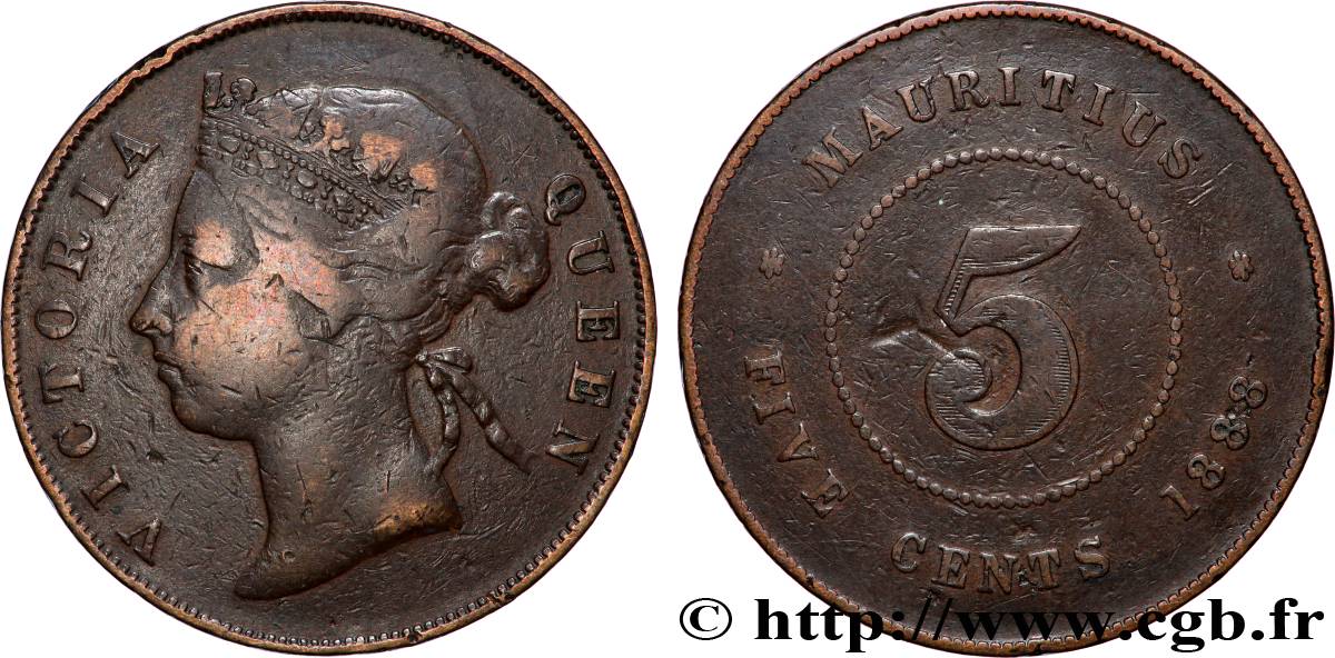 ÎLE MAURICE 5 Cents Victoria 1888 Heaton TB+ 