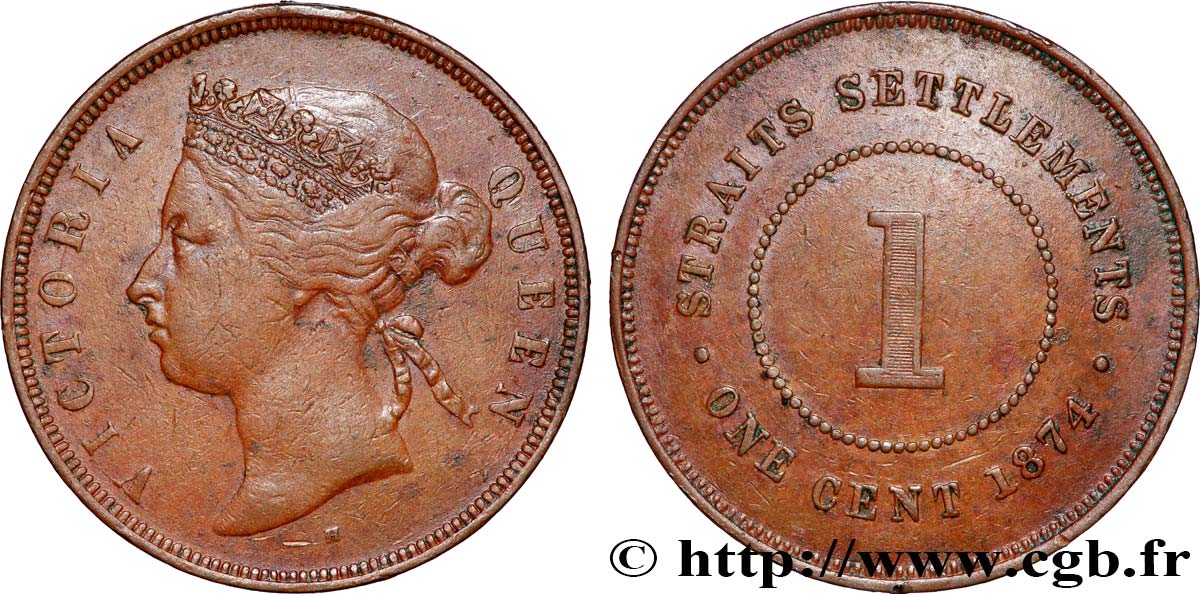 MALAISIE - ÉTABLISSEMENTS DES DÉTROITS 1 Cent Victoria 1874 Heaton TB+ 
