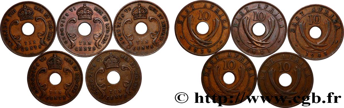 AFRIQUE DE L&nbsp;EST Lot de 5 pièces de 10 cents Années diverses Londres TTB 