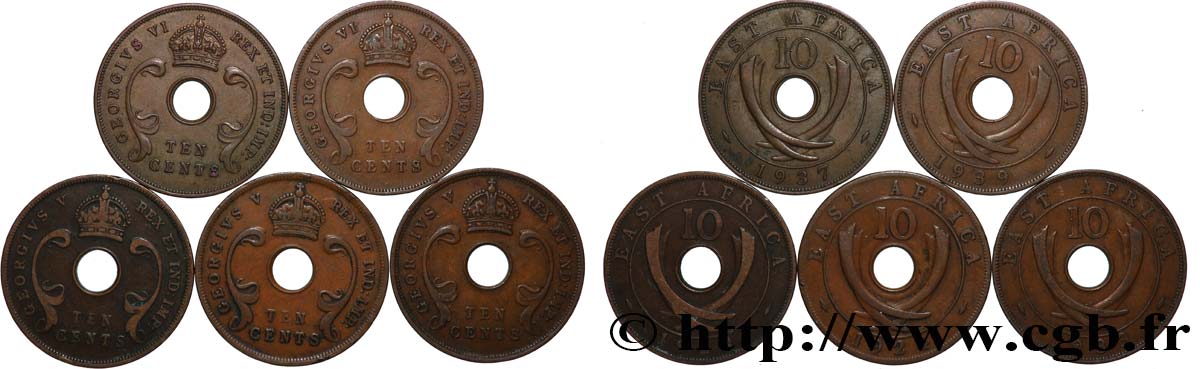 AFRIQUE DE L&nbsp;EST Lot de 5 pièces de 10 cents Années diverses Londres TTB 