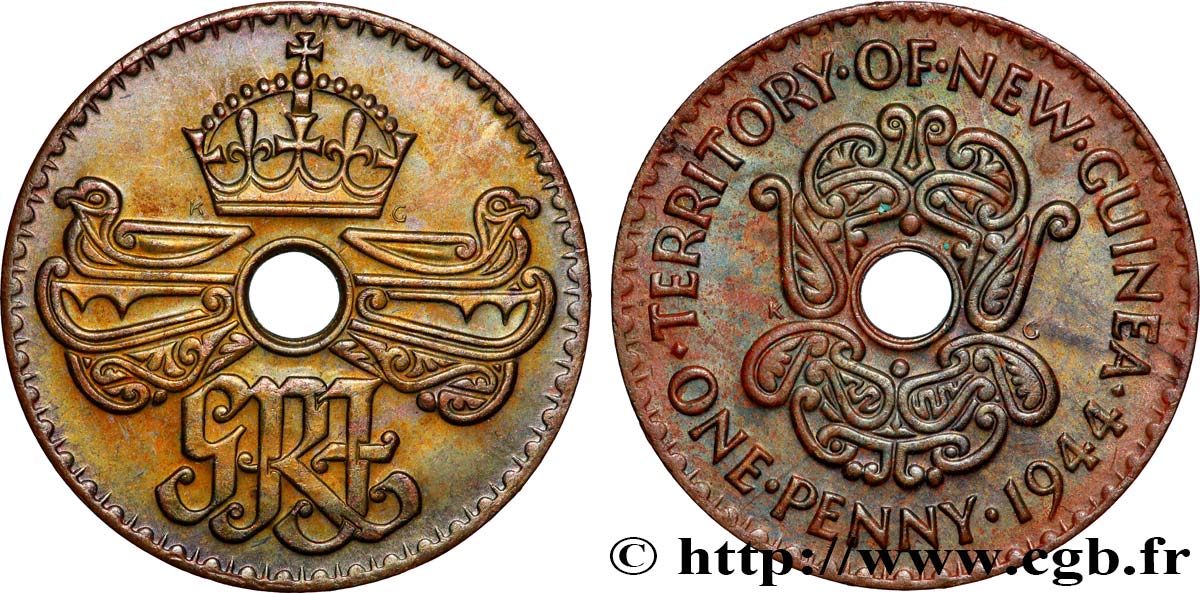 NOUVELLE GUINÉE 1 Penny monogramme couronné 1944  TTB+ 
