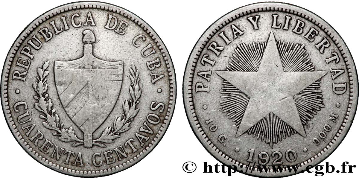 CUBA 40 Centavos 1920 Philadelphie TB+ 