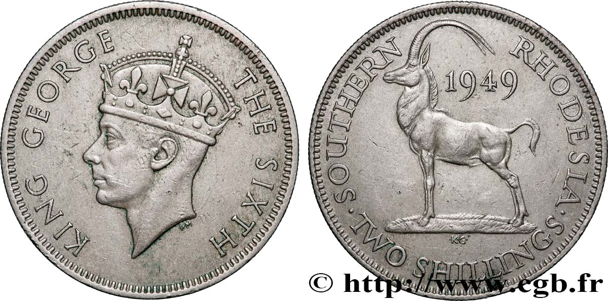 RHODÉSIE DU SUD 2 Shillings Georges VI / antilope des sables 1949 Londres TTB 