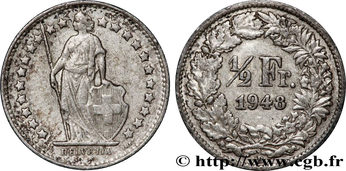 SUISSE 1/2 Franc Helvetia 1948 Berne TTB+ 