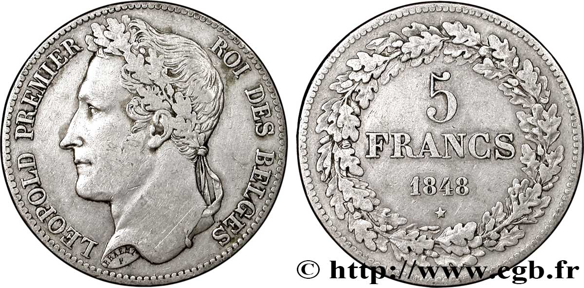 BELGIUM 5 Francs Léopold Ier tête laurée 1848  XF 