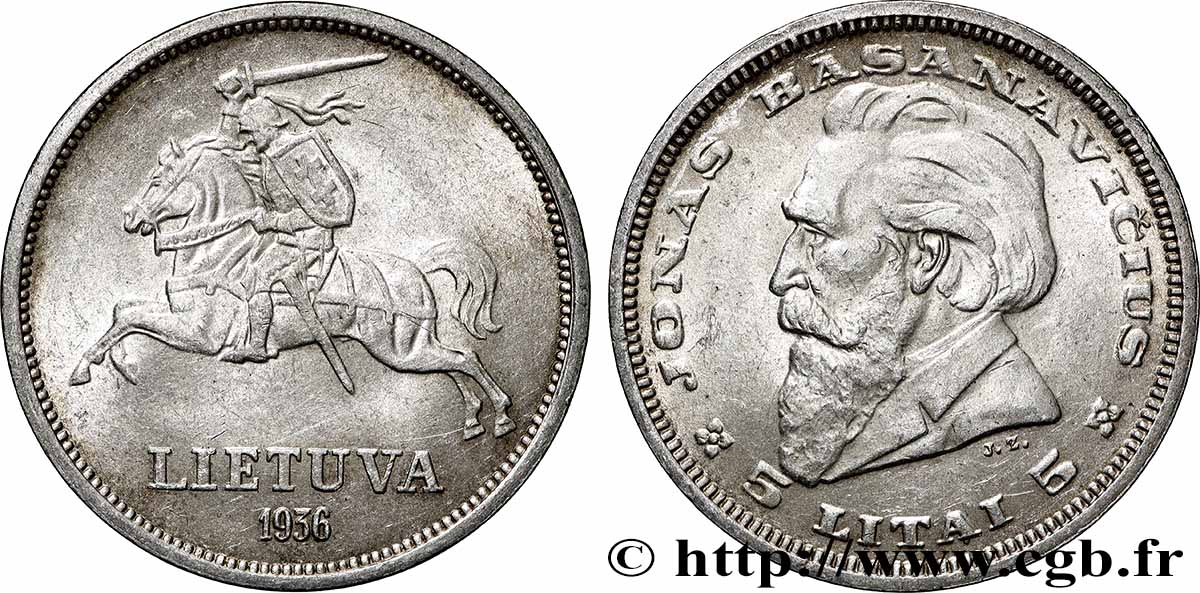 LITUANIE 5 Litai chevalier Vitis / Dr Jonas Basanavicius 1936  TTB+ 