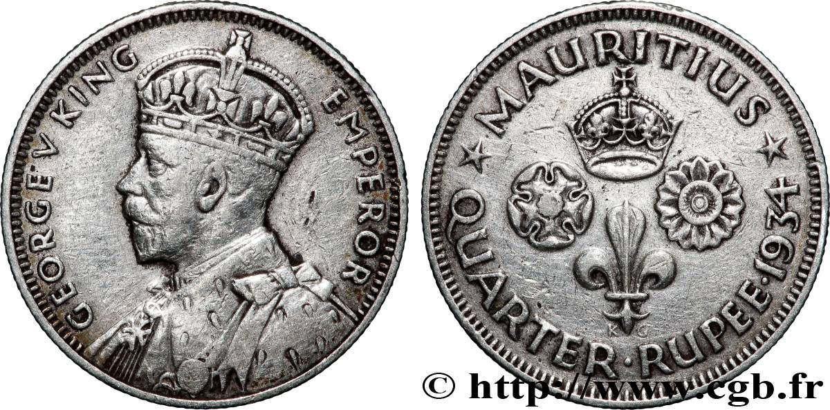 ÎLE MAURICE 1/4 Rupee (Roupie) Georges V 1934 Londres TB+ 