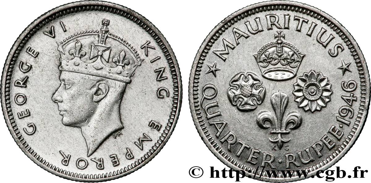 ÎLE MAURICE 1/4 Rupee (Roupie) Georges VI 1946 Londres TTB 