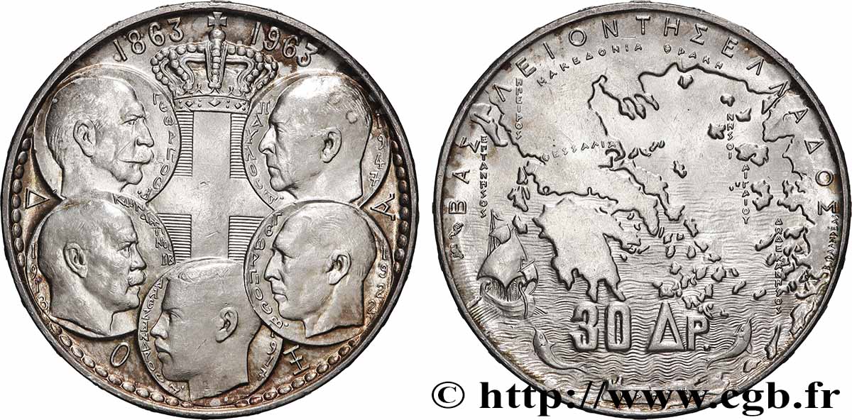 GRIECHENLAND 30 Drachmes Centenaire de la dynastie danoise 1963  VZ 