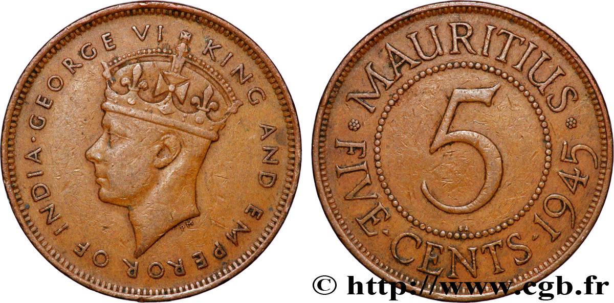 MAURITIUS 5 Cents Georges VI 1945 Pretoria - SA XF 