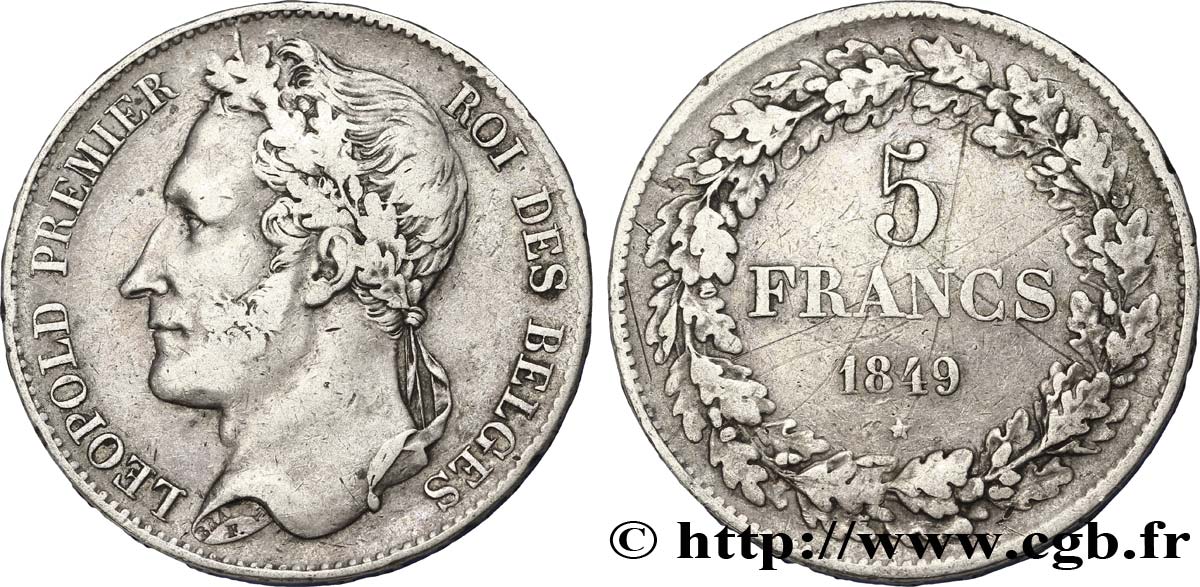 BELGIEN 5 Francs Léopold Ier tête laurée 1849  fSS 