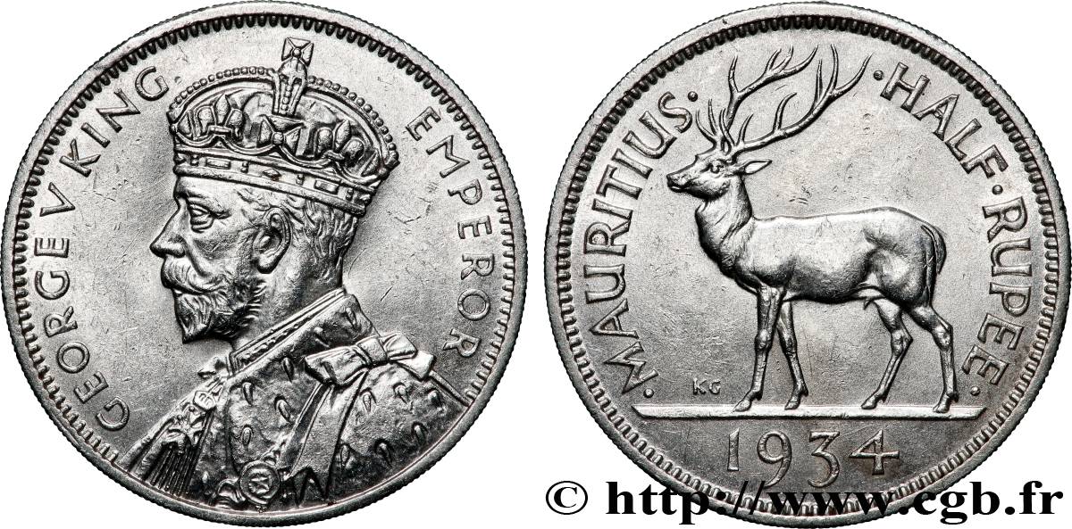 ÎLE MAURICE 1/2 Rupee (Roupie) Georges V 1934 Londres TTB+ 