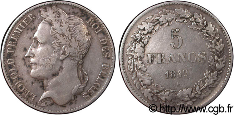 BELGIEN 5 Francs Léopold Ier tête laurée 1849  SS 