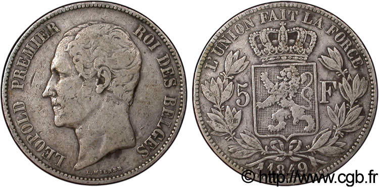 BELGIUM 5 Francs Léopold Ier tête nue 1849  VF 