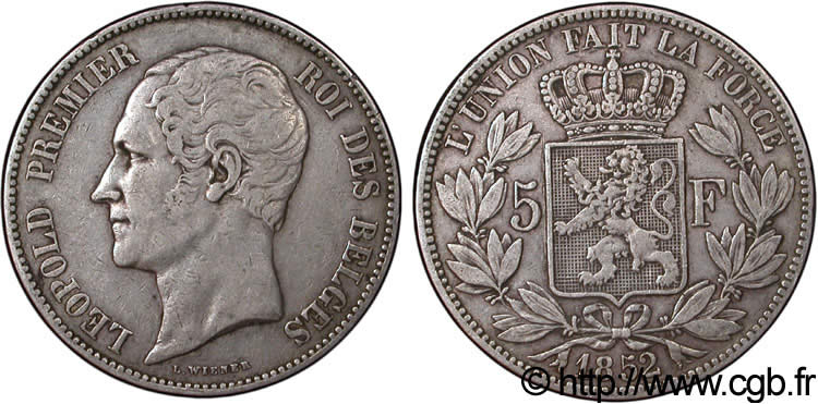 BÉLGICA 5 Francs Léopold Ier 1852  BC+ 