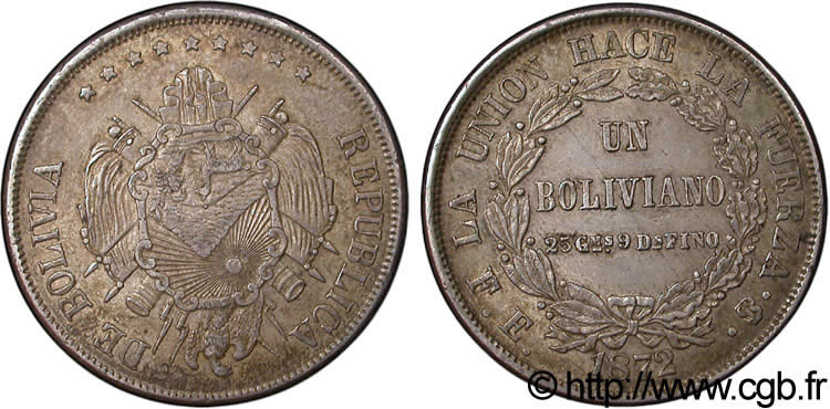 BOLIVIA 1 Boliviano  1872  XF 