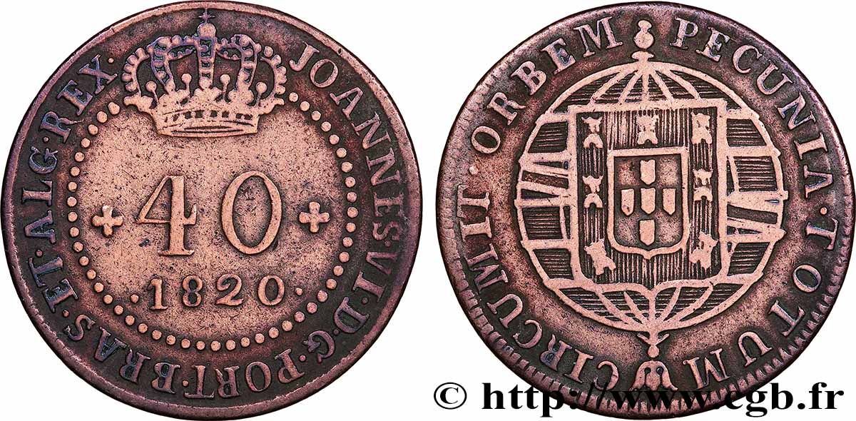 MOZAMBIQUE 40 Reis Jean VI type à 47 perles 1820 Rio de Janeiro TB+ 