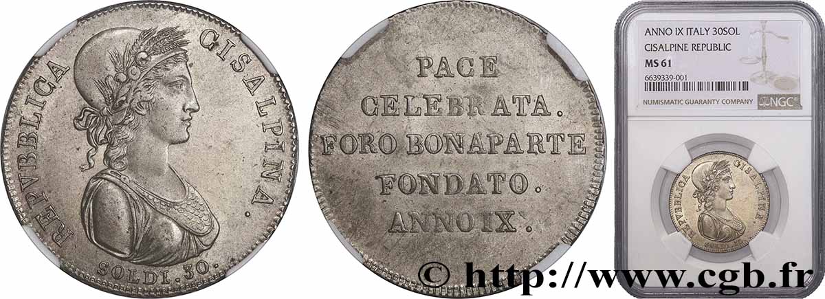 ITALIE - RÉPUBLIQUE CISALPINE 30 soldi an IX (1801) Milan SUP61 NGC