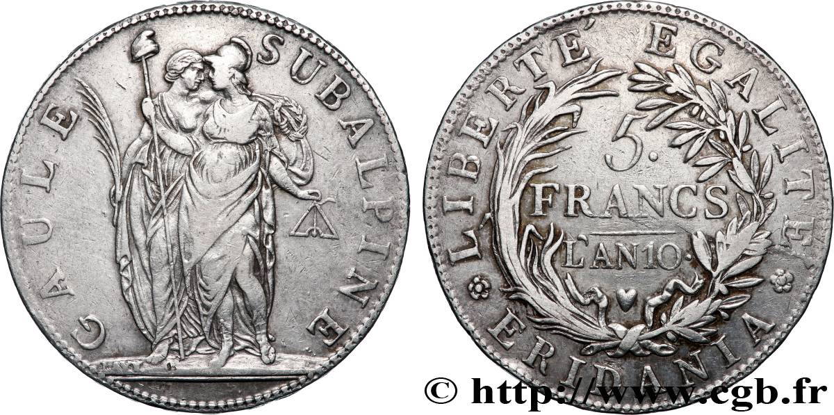 ITALIE - GAULE SUBALPINE 5 Francs an 10 1802 Turin TTB 