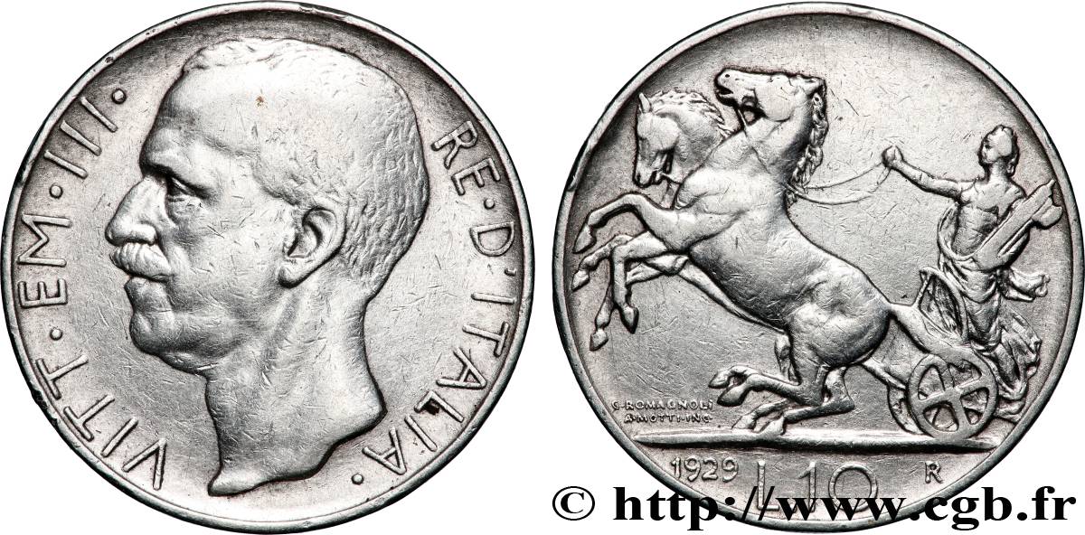 ITALIE - VICTOR EMMANUEL III 10 Lire char antique 1929 Rome TTB 