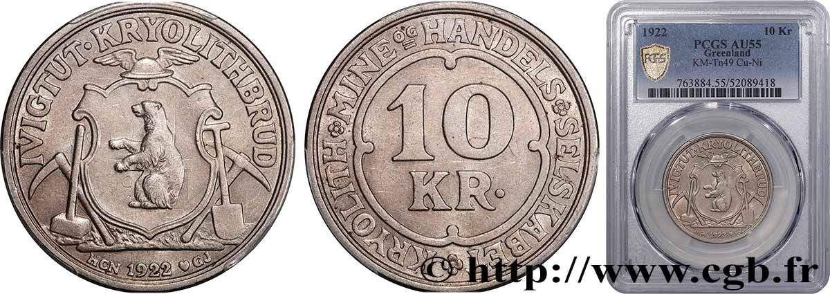GROENLAND 10 Kroner mine de cryolite de Ivigtut  1922 Copenhague SUP55 PCGS