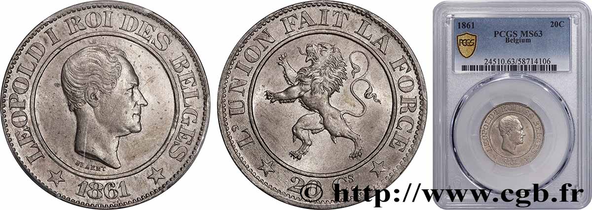 BELGIUM 20 Centimes Léopold Ier 1861  MS63 PCGS