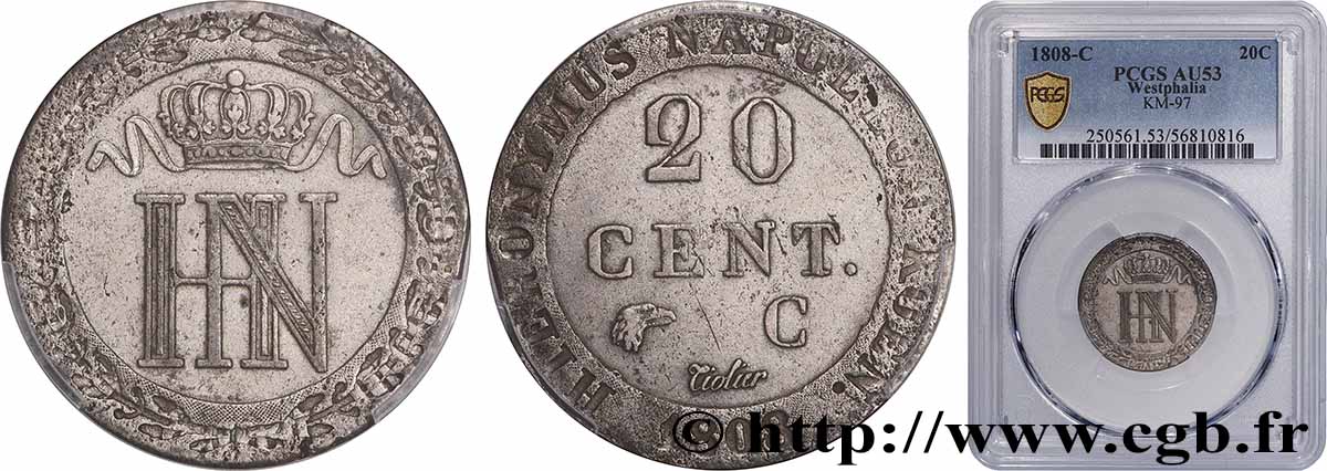 ALLEMAGNE - ROYAUME DE WESTPHALIE 20 Centimes 1808 Cassel TTB53 PCGS