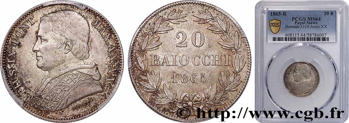 ITALIE - ÉTATS DU PAPE - PIE IX (Jean-Marie Mastai Ferretti) 20 Baiocchi an XX 1865 Rome SPL64 PCGS
