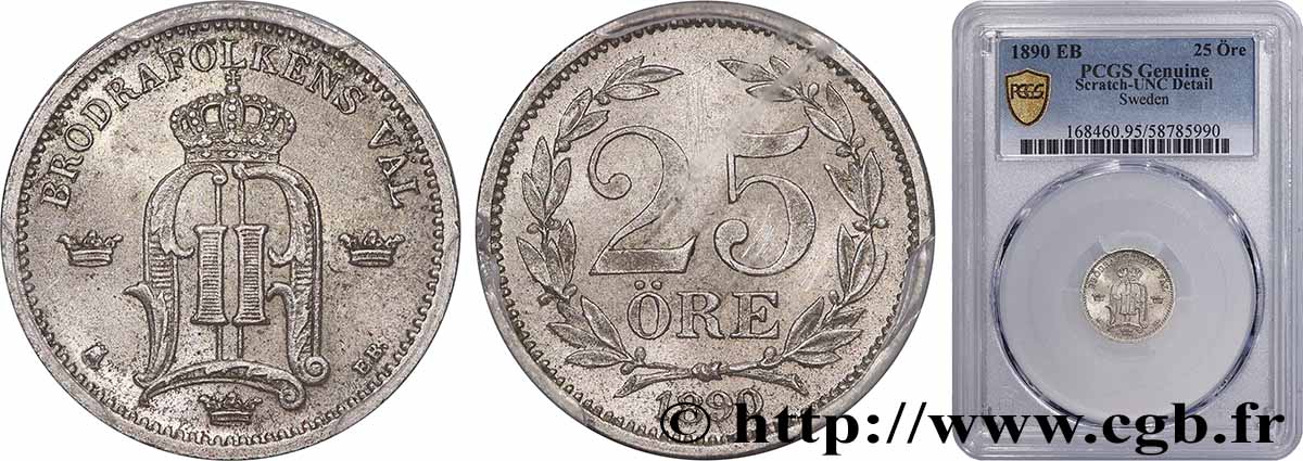 SUÈDE 25 Ore Oscar II de Suède et de Norvège 1890  SPL PCGS